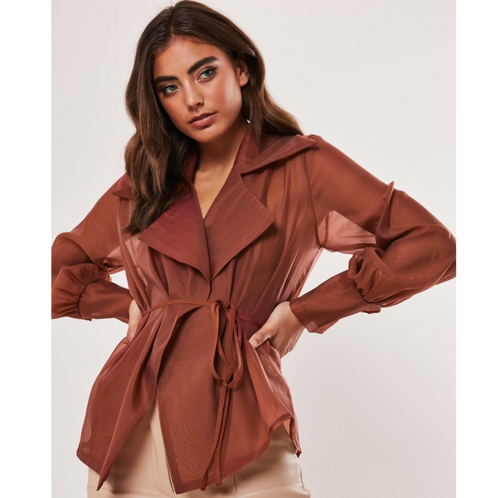 🚨⚡️(flash sale)⚡️🚨--Brown Rust Organza belted wrap blouse